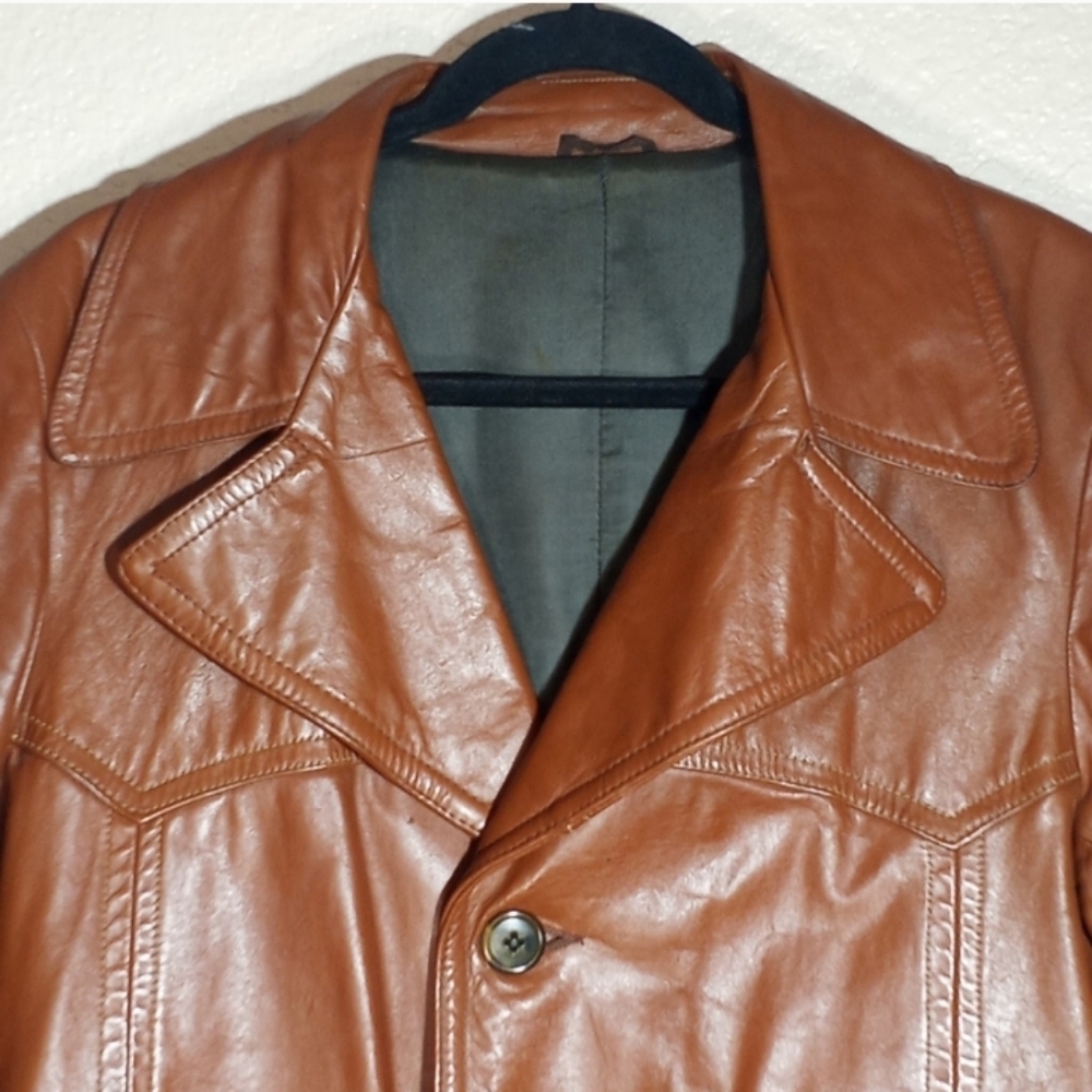 Vintage Leather William Barry 70s Wide Lapel Western Yoke Chocolate Brown Coat L - Picture 2 of 12